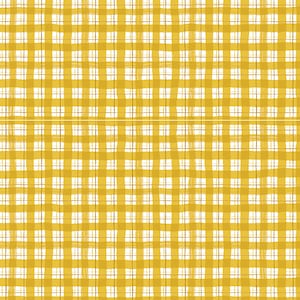May include: A seamless pattern featuring a yellow and white gingham design. The pattern consists of intersecting vertical and horizontal lines, creating a grid-like appearance. The lines have a slightly textured, brushstroke-like quality, adding visual interest to the design.