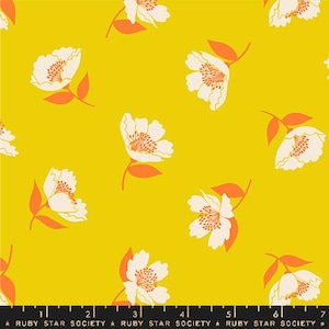 May include: A seamless pattern featuring white flowers with orange centers on a bright yellow background. The flowers are stylized and have a simple, modern design.