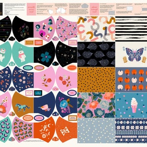 May include: A sheet of fabric with various colorful patterns, including a butterfly, ice cream cone, and flowers. The fabric is designed for making face masks. The sheet includes instructions for making the masks.