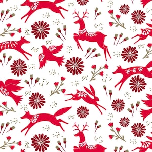 May include: A seamless pattern featuring red stylized animals, flowers, and leaves on a white background. The animals include a deer, a fox, a rabbit, and a bird. The flowers are red and have a daisy-like shape.
