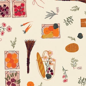 May include: A digital illustration of a variety of fall harvest items, including a basket of bread, a broom, a basket of beets, a basket of oranges, a basket of squash, a basket of tomatoes, a basket of figs, a potato, and sprigs of rosemary, mint, and other herbs. The illustration is on a cream background.