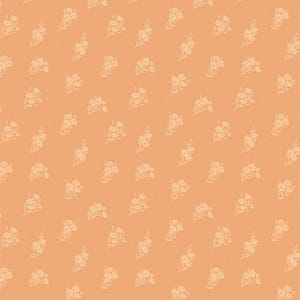 May include: A seamless pattern featuring a repeating floral design. The pattern consists of small, off-white floral bouquets arranged diagonally across a peach-colored background. The flowers have delicate details, creating a vintage aesthetic.