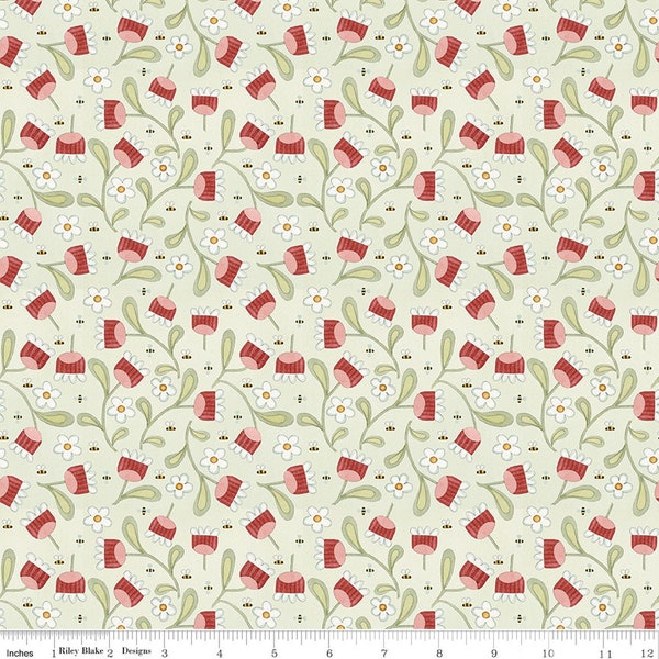 HOP HOP HOORAY Blooms and Bees Flax Teresa Kogut - 100% cotton quilting fabric yardage - Riley Blake Designs - Spring Bunny - Holiday