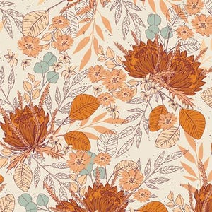 May include: A seamless pattern featuring a botanical design with a cream background. The pattern includes detailed illustrations of flowers, leaves, and branches in shades of orange, brown, and light green. The design has a hand-drawn aesthetic.