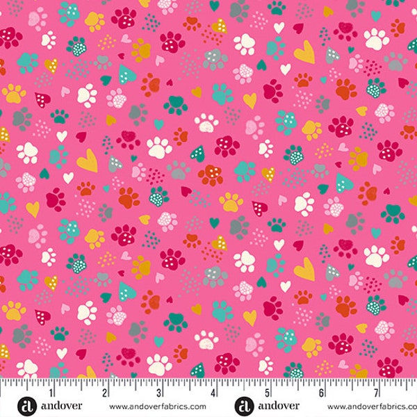 WHISKERS Cat Paws Bright Pink Andover Fabrics - 100 % Cotton quilting fabric yardage Makower UK