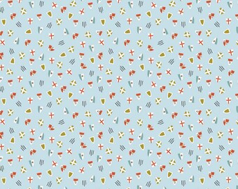 May include: A light blue fabric with a repeating pattern of small, colorful shields and crosses. The shields are in shades of red, blue, and gold, and the crosses are red. The fabric is perfect for quilting, crafts, and other sewing projects.
