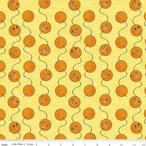May include: A yellow fabric with a repeating pattern of orange jack-o'-lantern faces. The jack-o'-lanterns are connected by thin black lines that create a wavy pattern.