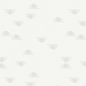 May include: Off-white wallpaper with a repeating pattern of light gray, stylized mountain shapes. Each mountain shape has a textured, linear design within its triangular form, creating a subtle, minimalist aesthetic. The pattern is evenly spaced across the surface.