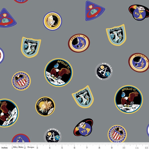 APOLLO 11 - Eagle has Landed - NASA - Gray - Main Patches - 100% cotton quilting fabric - Riley Blake Designs