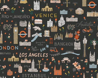 BON VOYAGE - World Traveler - Black - Rifle Paper Co - 100% cotton quilting fabric yardage