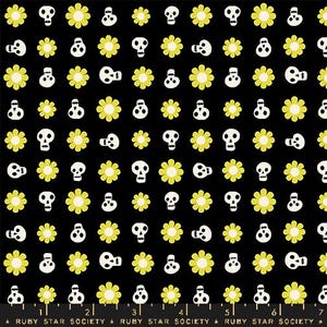 May include: Black and yellow fabric with a repeating pattern of white skulls and yellow flowers.