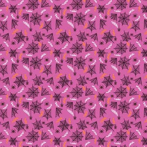May include: A repeating pattern on a pink background featuring black spiderwebs, spiders, white leaf-like shapes, and orange lightning bolt shapes. This Halloween-themed design is suitable for fabric, wallpaper, or other decorative applications.