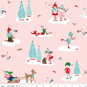May include: A pink fabric featuring a whimsical winter scene with cartoon elves, snow, and Christmas trees. The elves are dressed in red, green, and blue outfits, and some are singing or playing with animals. The design includes musical notes and small mushrooms.