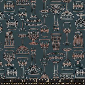 May include: A teal blue background with a repeating pattern of various styles of glasses and decanters in a copper color. The glasses and decanters are outlined in white.