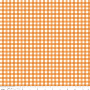 May include: Orange and white checkered fabric with a subtle texture. The fabric is a repeating pattern of squares.