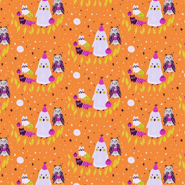 BRING Your OWN BOOS - Ghouls Night - J E L L Glow White Pigment - Orange - Halloween - Cotton and Steel - cotton quilting fabric yardage