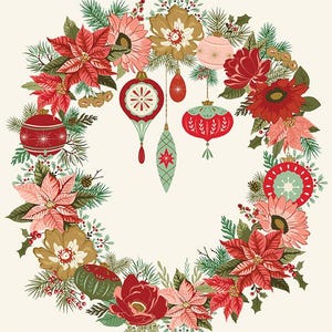 GLISTEN Wreath Panel 35&quot; x 42&quot; Christmas Sandy Gervais 100% cotton quilting fabric; Riley Blake Designs