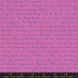 SALUTATIONS Hello Goodbye Text Heliotrope Rashida Coleman Hale Ruby Star Society - Cotton yardage quilting fabric - Moda Fabrics