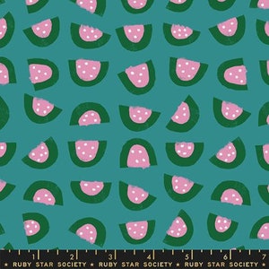 May include: Teal fabric with a repeating pattern of pink and green watermelon slices. The watermelon slices are stylized and have white seeds.