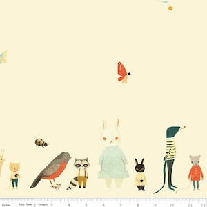 May include: A whimsical illustration featuring a variety of animals, including a rabbit, raccoon, bird, cat, and mouse. The animals are depicted in a cartoon style with bright colors and playful details. The background is a light yellow.