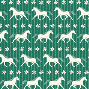 HAPPY HOMESTEAD Howdy Horses Green Samantha Johnson 100% Organic cotton quilting fabric Cloud 9 Fabrics