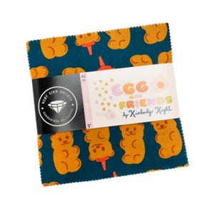 May include: A stack of 42 fabric squares, each 5 inches, featuring a repeating pattern of orange gummy bear-like figures on a teal background. The package is labeled "Egg and Friends" by Kimberly Kight.