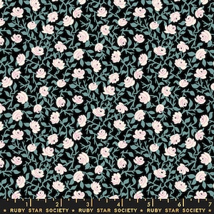 May include: Black fabric with a repeating pattern of white roses with pink centers and teal green leaves and stems.