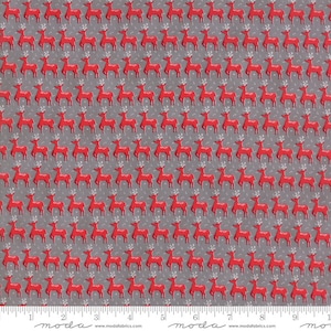 May include: A gray fabric with a repeating pattern of red reindeer with white antlers. The fabric has a subtle white snowflake pattern.