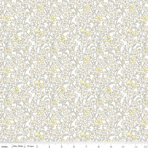 May include: A white fabric with a repeating pattern of small yellow and white flowers with gray stems. The fabric is measured in inches.