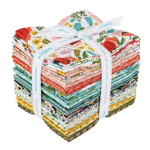 May include: A stack of 40 fabric squares in various floral patterns, including red poppies, yellow flowers, and green leaves. The fabric is tied together with a white ribbon with the text "Riley Blake Designs Creating high-quality fabrics to inspire and delight" printed on it.