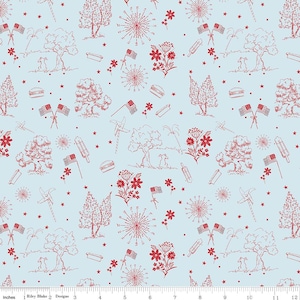May include: Light blue fabric with a repeating pattern of red line drawings. The design includes American flags, trees, flowers, fireworks, hot dogs, and pinwheels. The fabric is 12 inches wide.