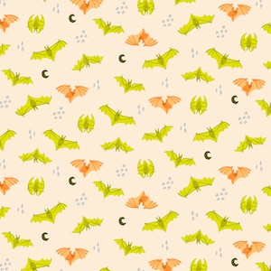May include: A seamless pattern featuring green and orange bats flying against a light beige background. The pattern is filled with small stars and crescent moons.