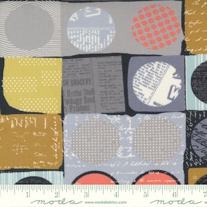 May include: A fabric pattern featuring a patchwork design with squares and circles in various colors. The squares are gray, mustard yellow, and brown, with circles in gray and coral. Some squares have text or dot patterns.
