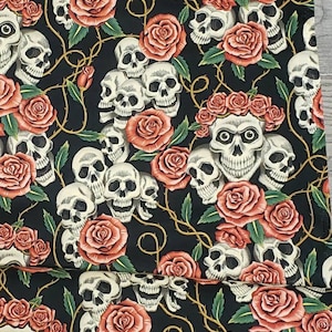 SKULL & ROSES - Black Pink Natural - Alexander Henry; new 100% cotton quilting fabric