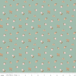 May include: A seamless fabric pattern featuring a repeating design of small, stylized flowers in shades of peach, white, and brown on a light teal background.