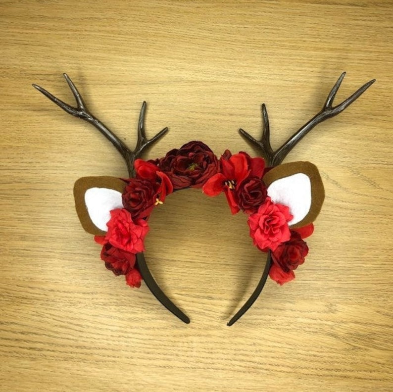 Red Deer Crown With Silk Flowers Adult Size Color Can Be Etsy UK