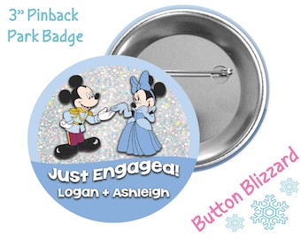Minnie and Mickey Just Engaged Button - Personalized Disney Engagement Pin - Disney Wedding Badge - Cinderella and Prince Charming Button