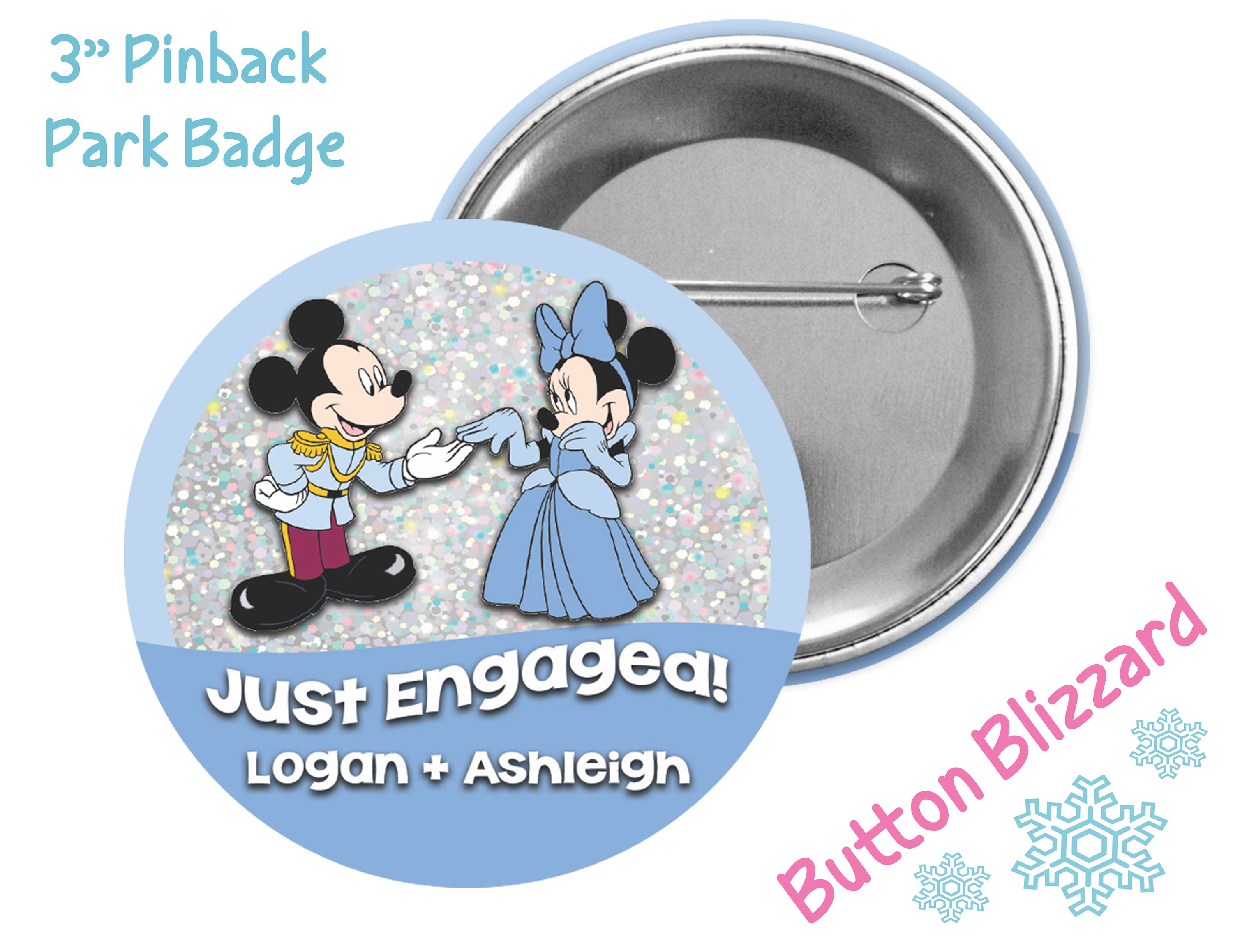 Minnie and Mickey Just Engaged Button - Personalized Disney Engagement Pin Buttons