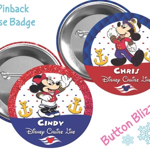 May include: Two 3-inch pinback cruise badges featuring Mickey and Minnie Mouse dressed in captain's uniforms. The badges are red, white, and blue with gold anchors and the text "Disney Cruise Line".