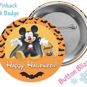 May include: A 3-inch pinback park badge featuring Mickey Mouse dressed as a vampire with a pumpkin bucket. The background is orange with black bats.