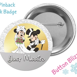 Just Married Minnie Bride and Mickey Groom - Theme Park Button - Wedding Button - Marriage Pin