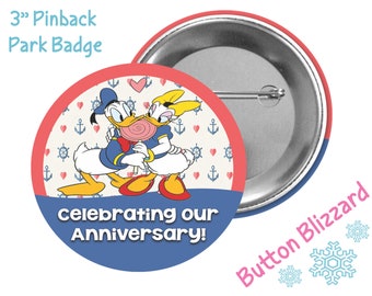 Botón de aniversario náutico de Daisy Duck y Donald Duck - Botón de parque Disney - Pin de aniversario - Botón de celebración - Botón de Daisy y Donald