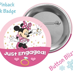 Minnie Mouse Just Engaged Button - Engagement Pin - Disney Engagement Badge - Theme Park Celebration Button - Pin Trading Lanyard Pin