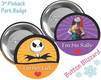 Conjunto de botones de parejas de Pesadilla antes de Navidad: insignias de Jack y Sally para ella, pines de Halloween, botones de parques de Disney y pin de Jack Skellington.