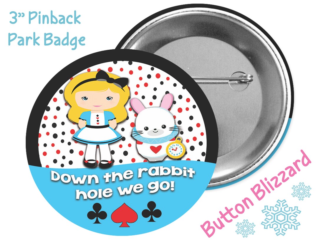 Down the Rabbit Hole We Go Alice in Wonderland Button White Rabbit Pin ...