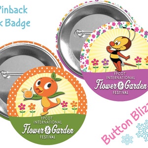 May include: Two 3-inch pinback buttons featuring characters from the Epcot International Flower & Garden Festival. The first button features a bee with a yellow and black striped body and a purple flower. The second button features a bird with an orange body and a green leaf. Both buttons have a white background with a yellow sun and pink flowers.