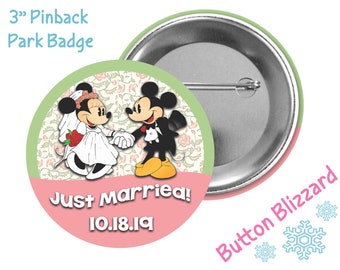 Customized Minnie and Mickey Just Married Button - Disney Wedding Badge - Disney Couples Button - Bride and Groom Button - Disney Park Badge