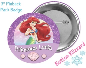 Personalized Princess Button - Little Mermaid Button - Princess Ariel Badge - Little Mermaid Party Favor - Ariel Pin - Disney Park Button