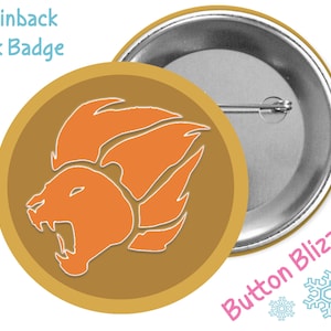 May include: A 3-inch pinback park badge featuring a stylized orange lion head with a gold background. The badge says "Button Blizzard" in pink text.