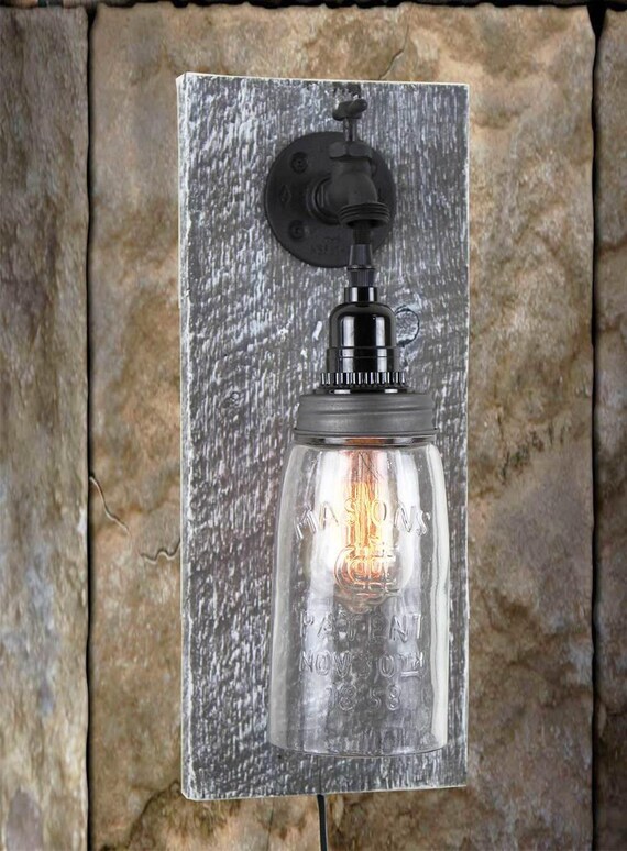 Barn Wood Electric Mason Jar Wall Sconce Water Spigot Etsy